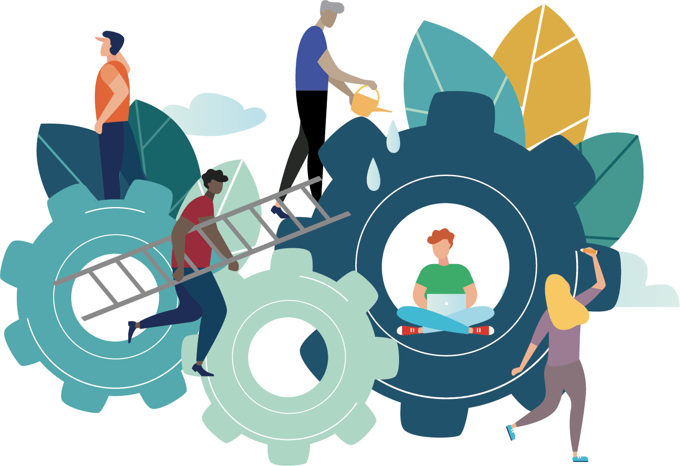 Community Outreach people Graphic with Gears and people moving around